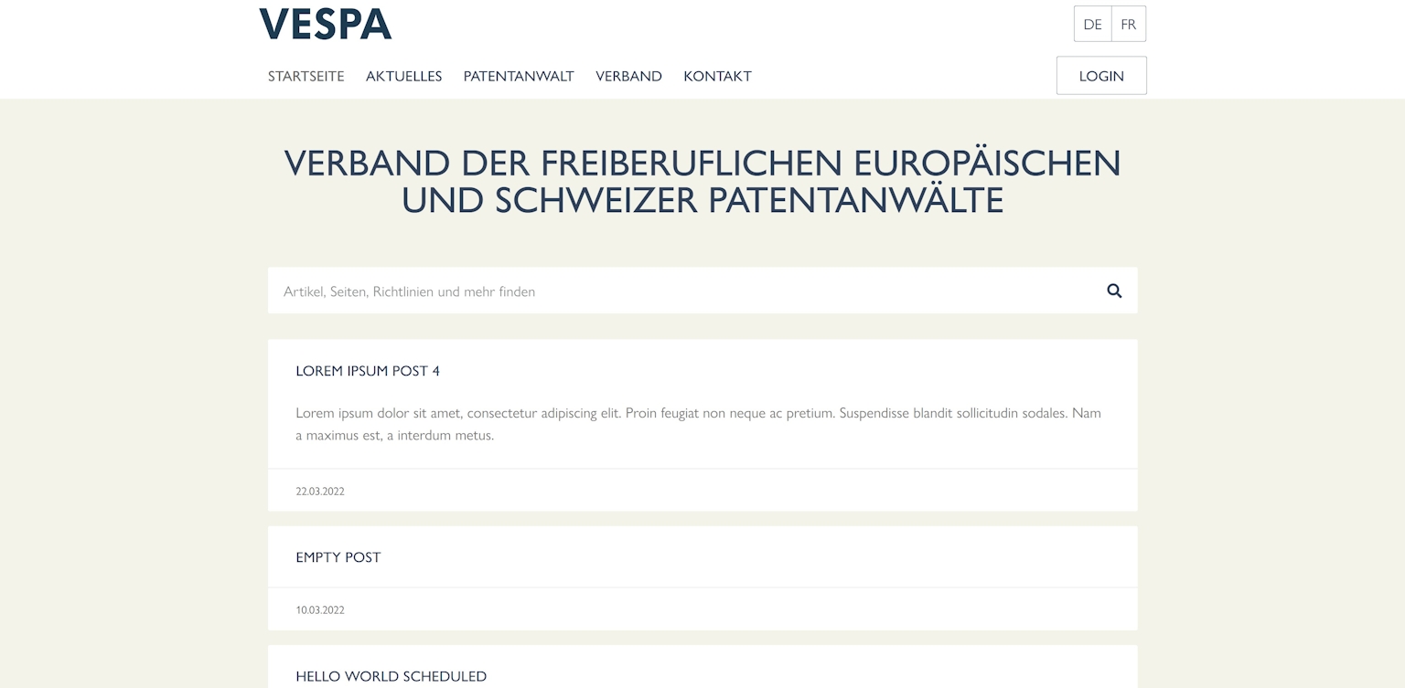 Screenshot der aktuellen VESPA Website